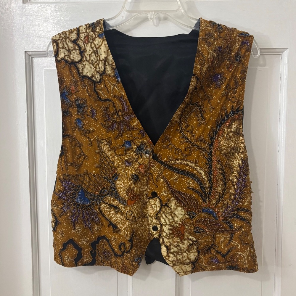 VTG Kenar Maximalist Beaded Vest L Birds Boho Festival Hippie Western Whimsical
